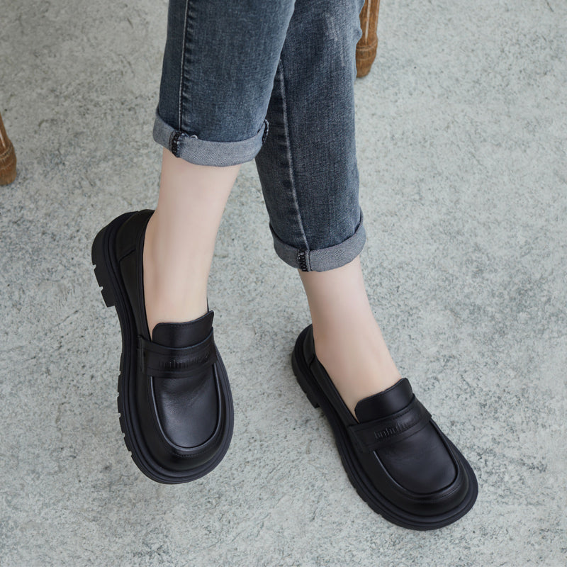 Women Retro Leather Lug Sole Loafers-RAIIFY