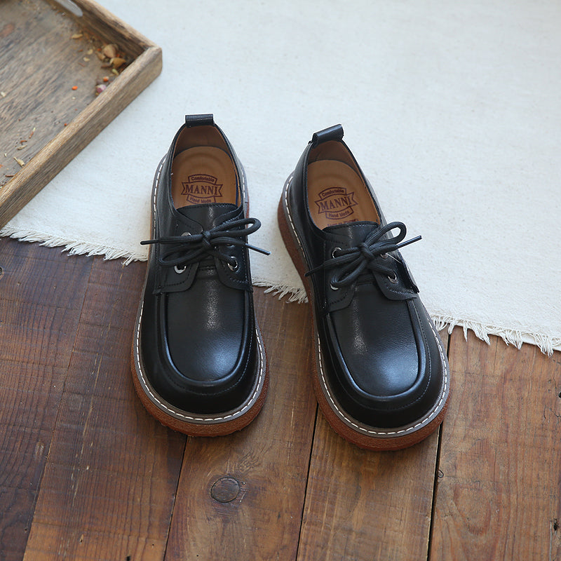 Women Retro Leather Lace-Up Casual Loafers-RAIIFY