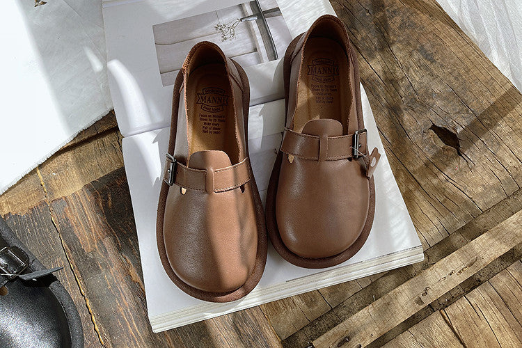 Women Retro Buckled Leather Casual Shoes-RAIIFY