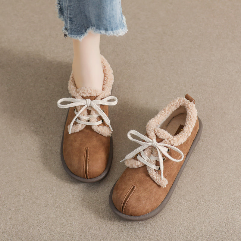 Women Retro Leather Furred Flat Casual Shoes-RAIIFY