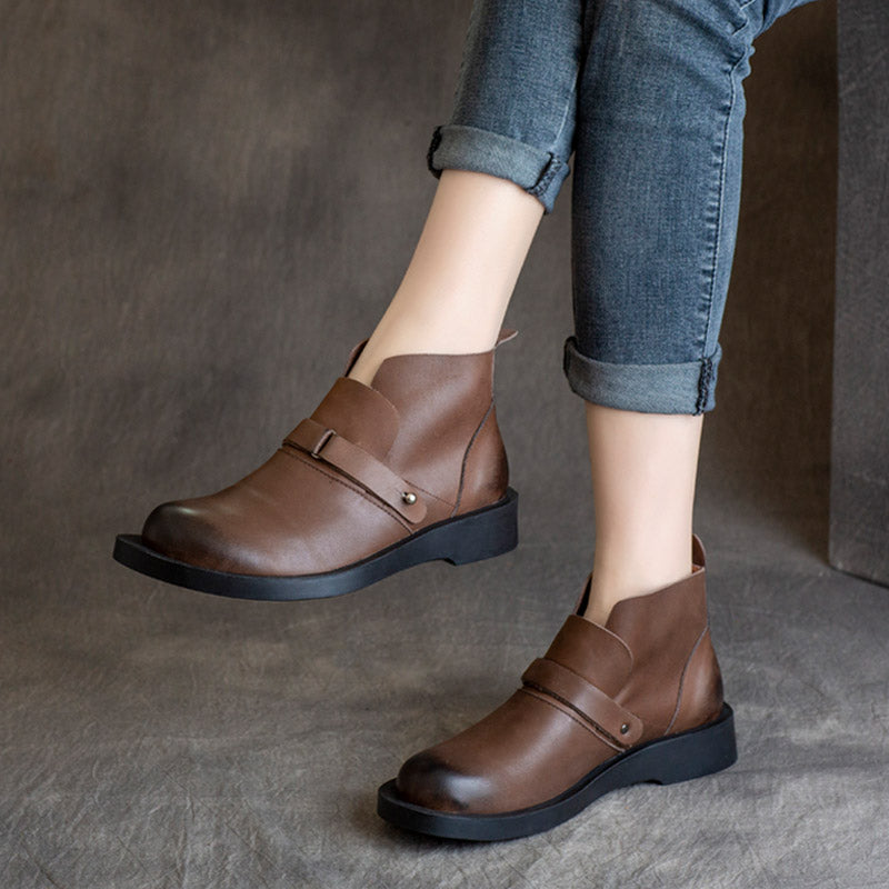 Women Solid Leather Retro Soft Flat Boots-RAIIFY