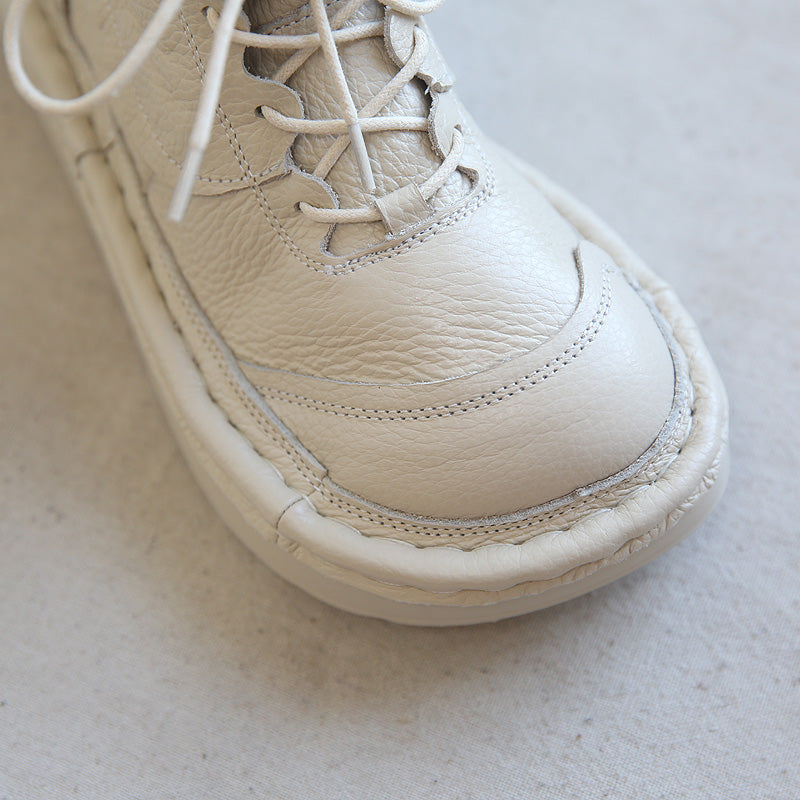 Women Leather Round Head Platform Casual Boots-RAIIFY