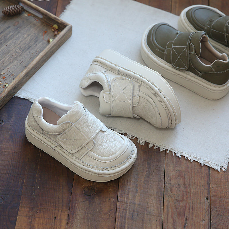 Women Retro Cowhide Velcro Thick Sole Casual Shoes-RAIIFY