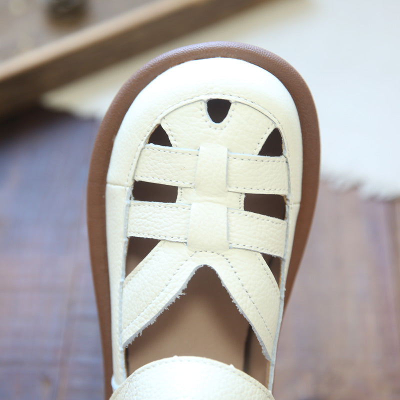 Women Retro Hollow Leather Flat Casual Sandals-RAIIFY