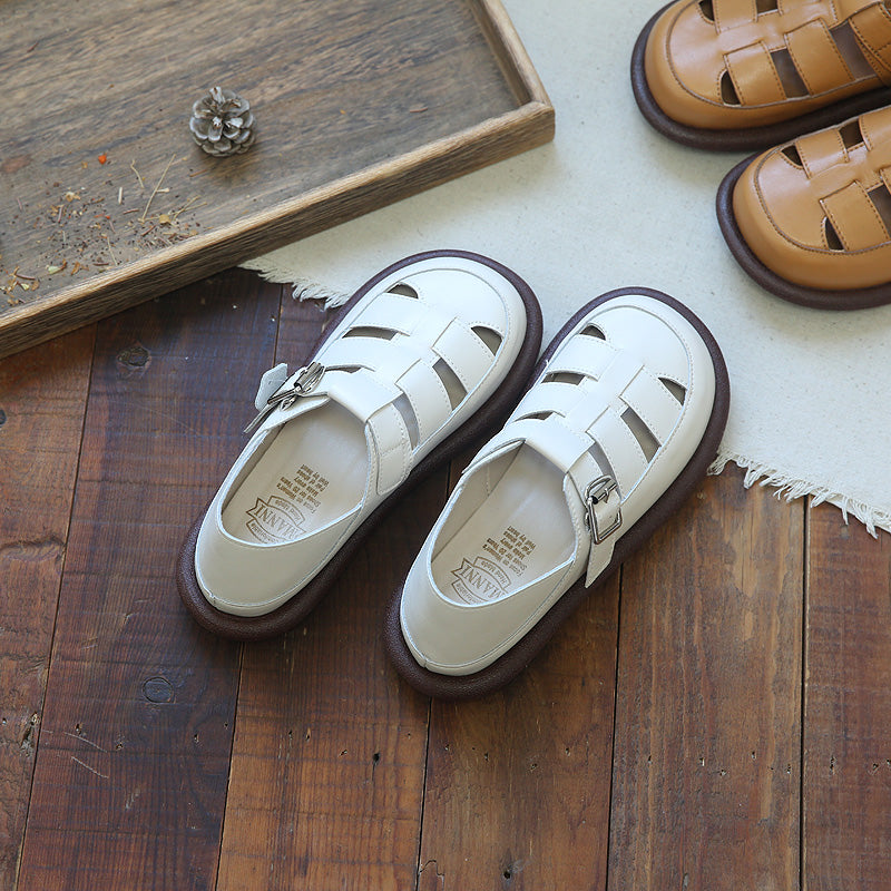 Women Retro Leather Soft Casual Flat Sandals-RAIIFY