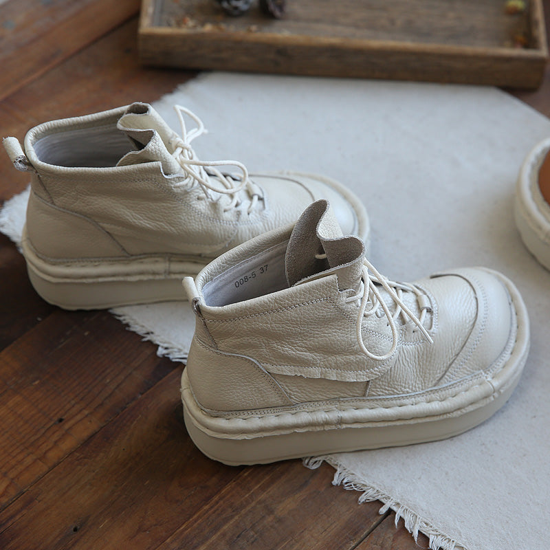 Women Leather Round Head Platform Casual Boots-RAIIFY