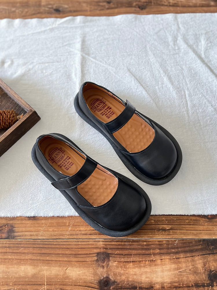 Women Retro Leather Velcro Tape Flat Loafers-RAIIFY