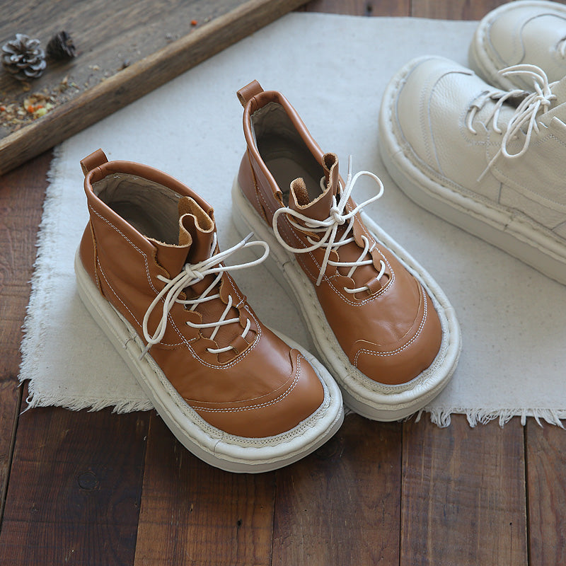 Women Leather Round Head Platform Casual Boots-RAIIFY