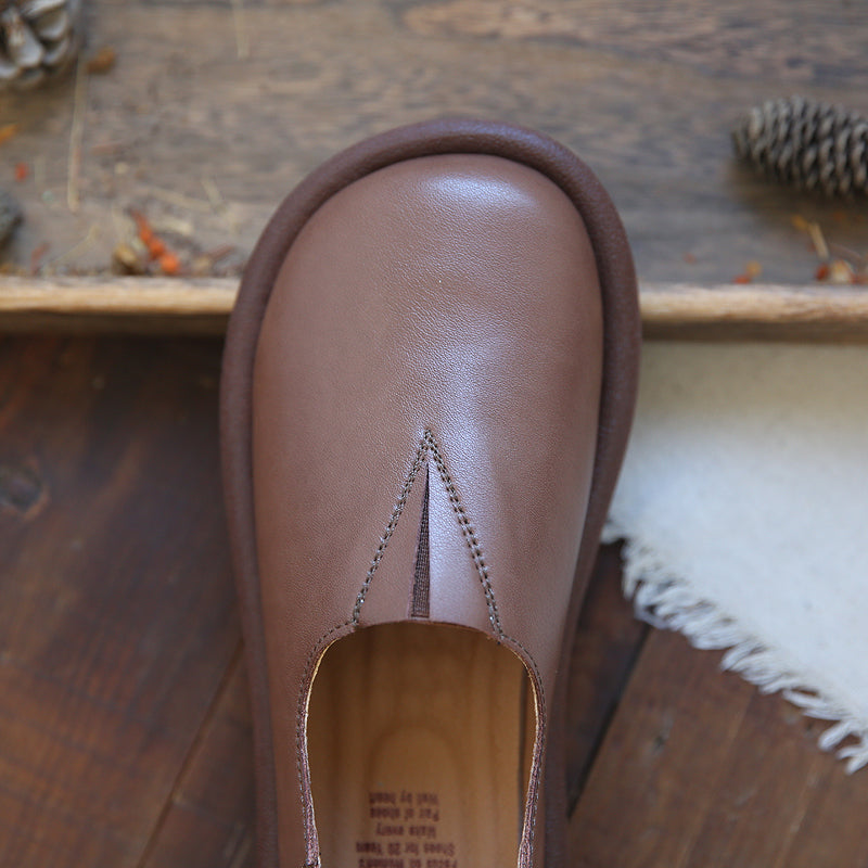 Women Retro Solid Soft Leather Flat Casual Shoes-RAIIFY