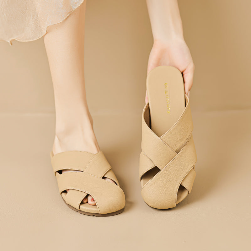 Women Summer Plaited Soft Leather Casual Slides-RAIIFY
