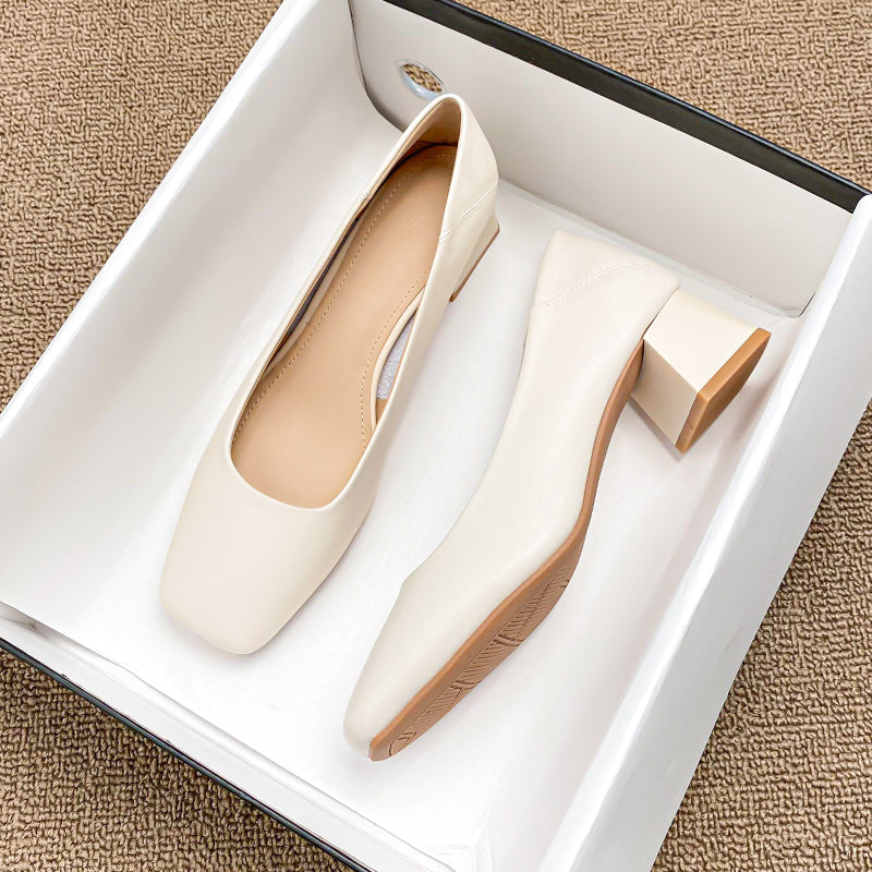 Women Minimalist Soft Comfort Leather Chunky Heel Pumps-RAIIFY