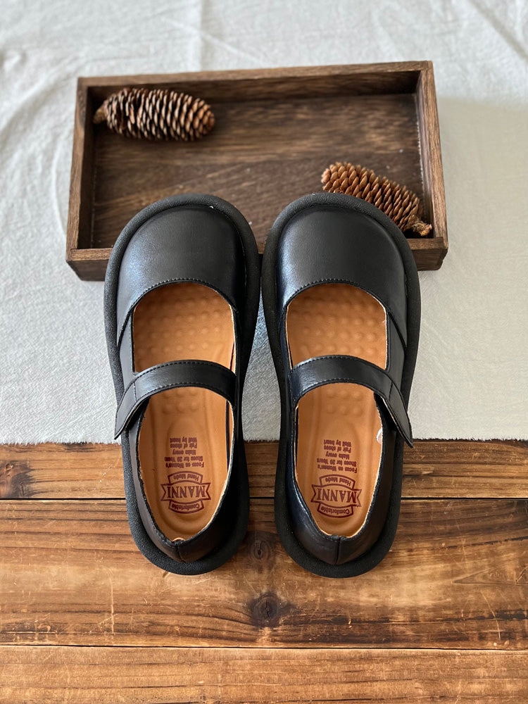 Women Retro Leather Velcro Tape Flat Loafers-RAIIFY