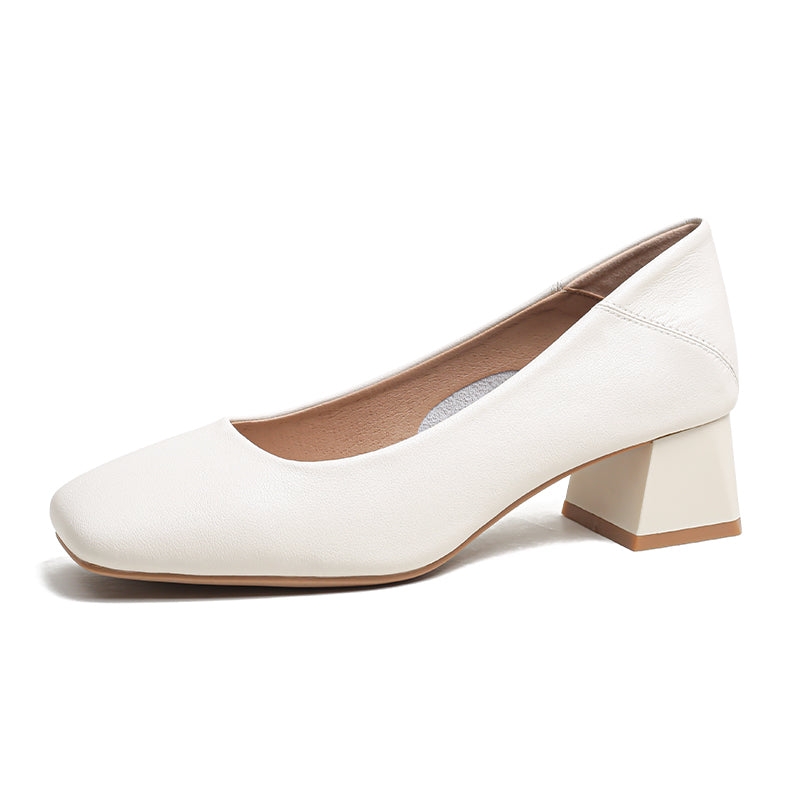 Women Minimalist Soft Comfort Leather Chunky Heel Pumps-RAIIFY