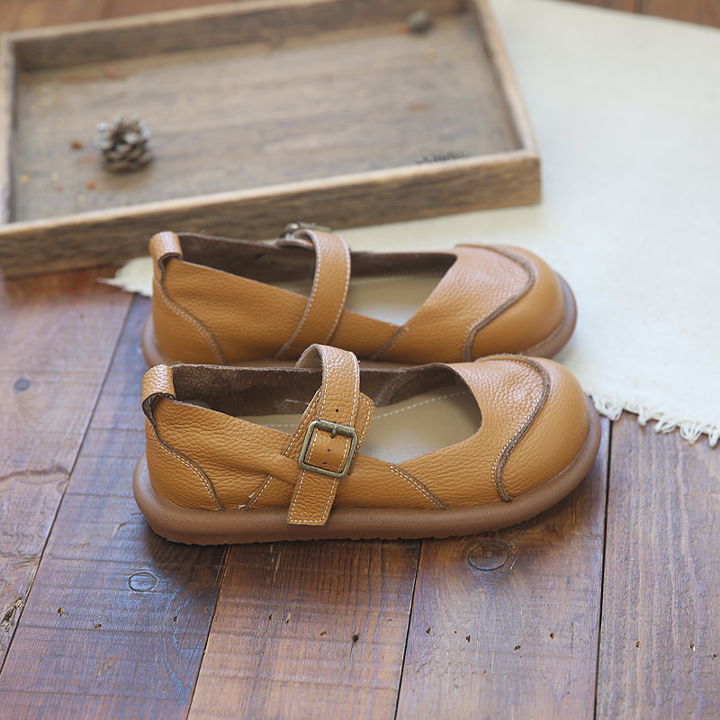 Women Retro Soft Leather Buckle Flats Shoes-RAIIFY