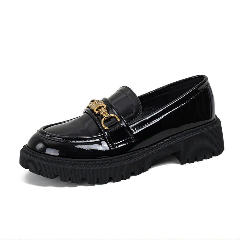 Women Chain Solid Glossy Leather Casual Loafers-RAIIFY