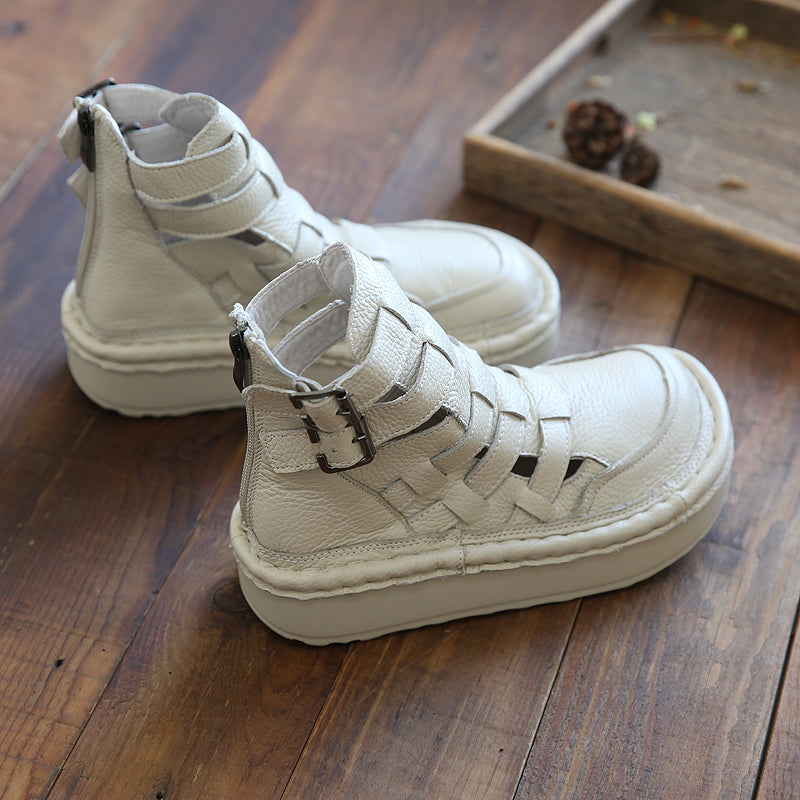 Women Retro Leather Hollow Round Head Sandals-RAIIFY