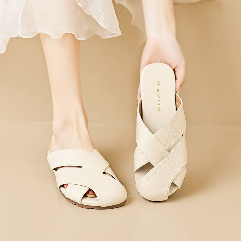 Women Summer Plaited Soft Leather Casual Slides-RAIIFY