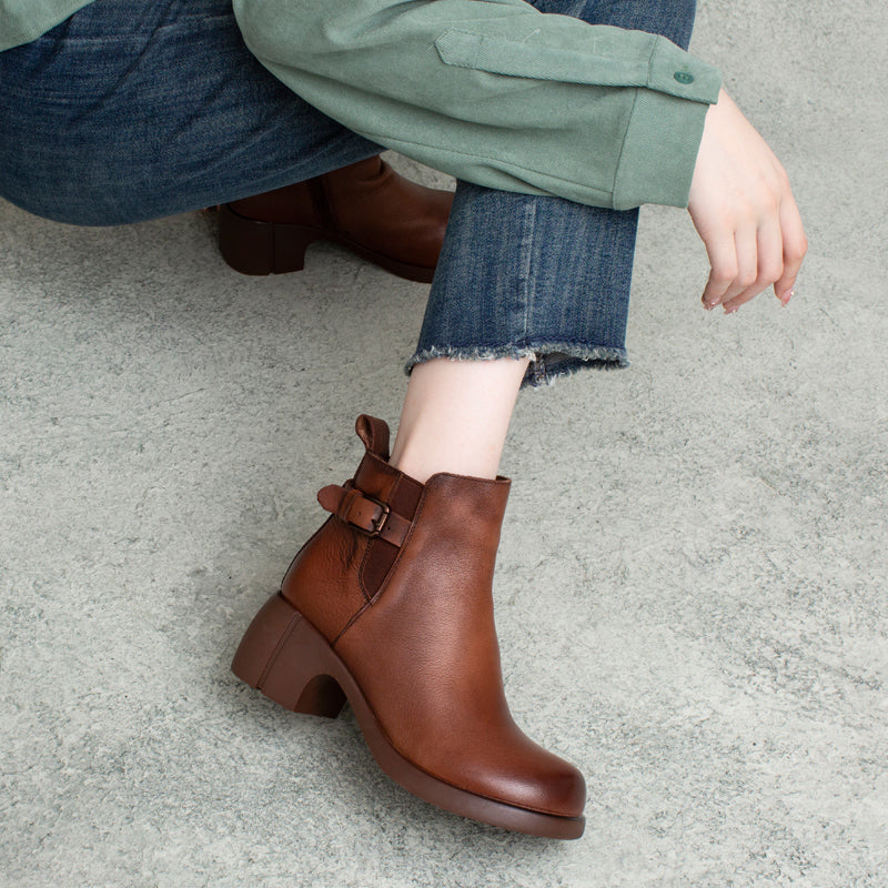 Women Handmade Casual Leather Chunky Heel Boots-RAIIFY