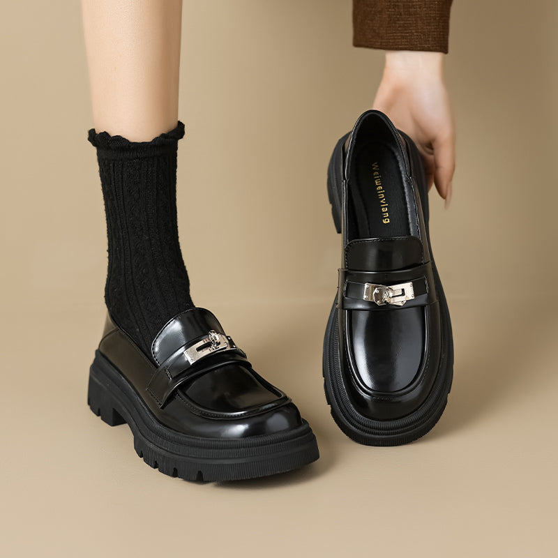 Women Soft Leather Casual Lug Sole Loafers-RAIIFY