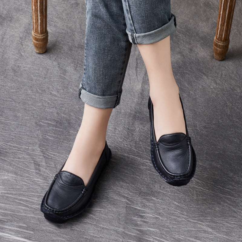 Women Retro Leather Handcraft Lug Sole Loafers-RAIIFY