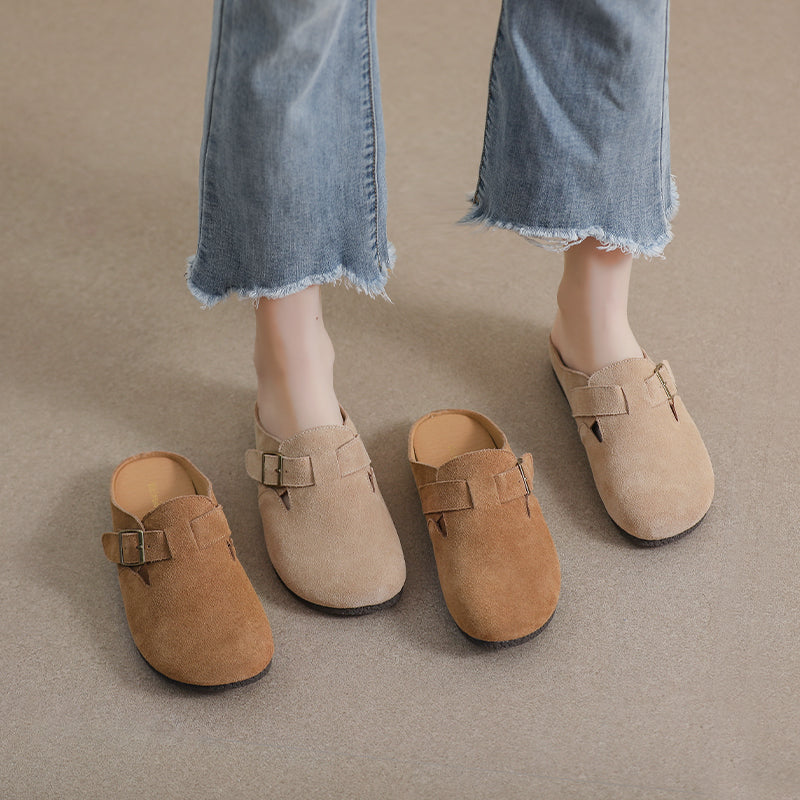 Women Retro Solid Suede Buckle Flat Slippers-RAIIFY