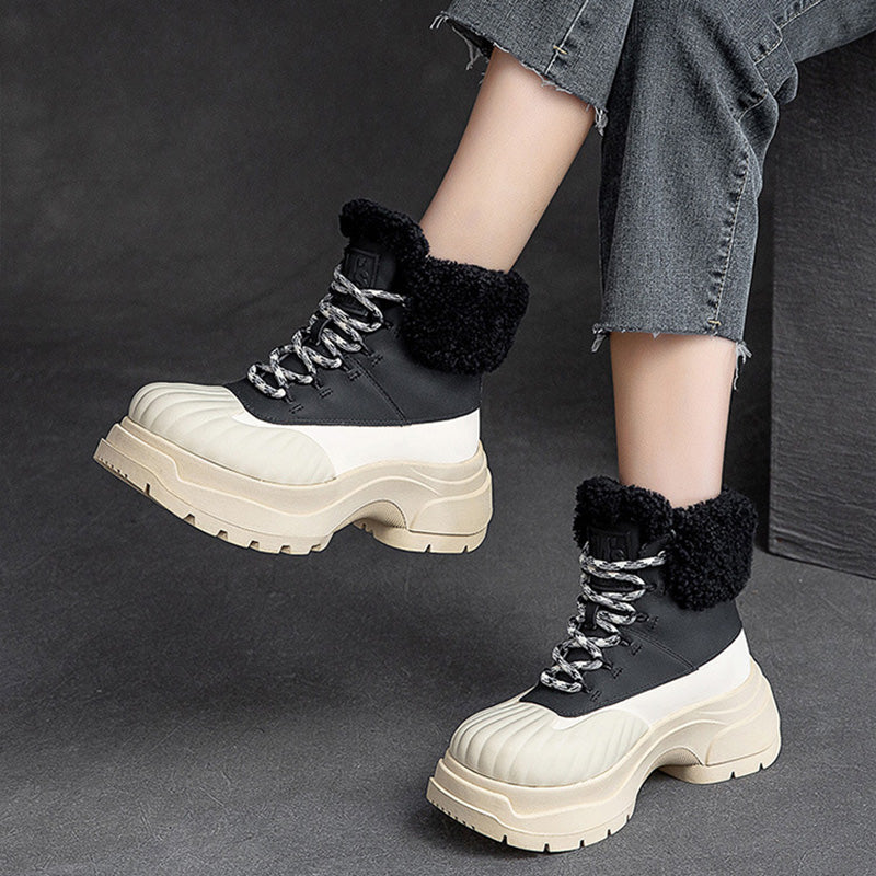 Women Fashion Leather Chunky Platform Snow Boots-RAIIFY