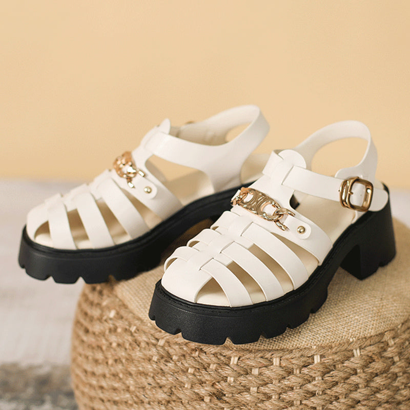 Women Summer Retro Leather Chunky Heel Casual Sandals-RAIIFY