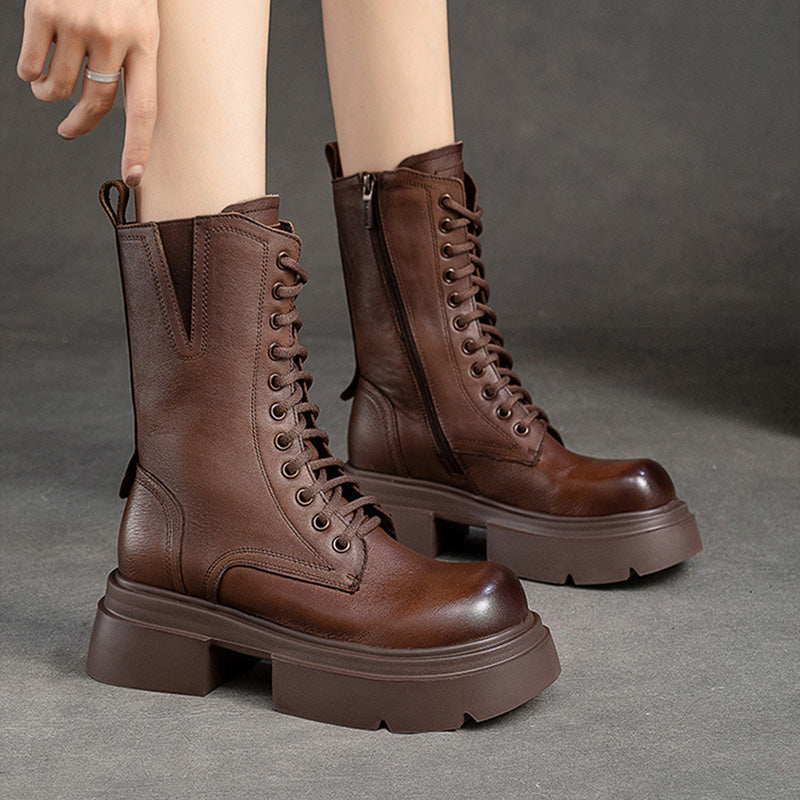 Women Retro Classic Leather Platform Mid-Calf Boots-RAIIFY