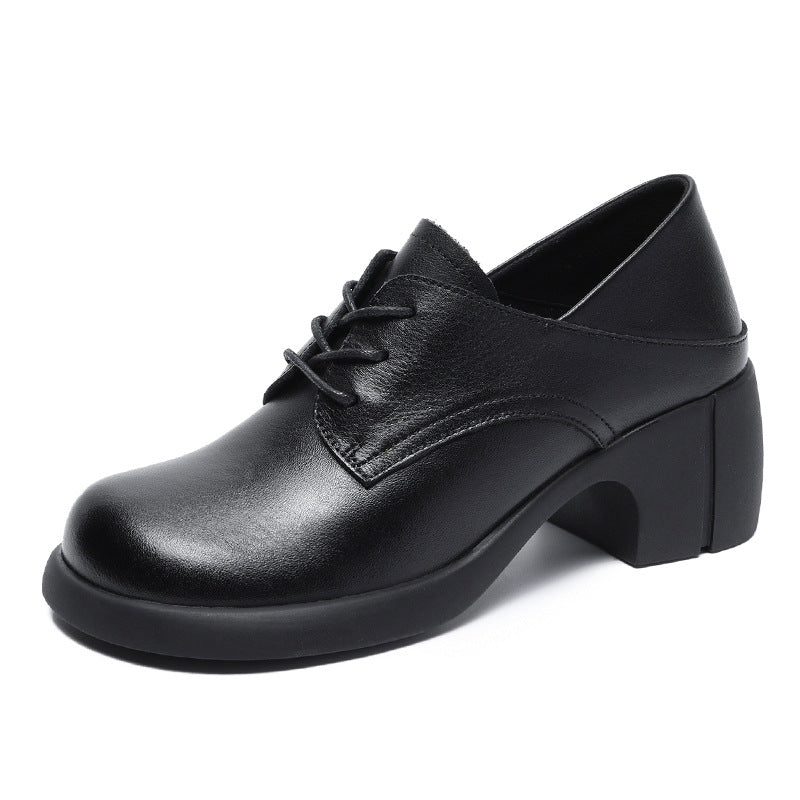 Women Solid Leather Chunky Heel Work Loafers-RAIIFY