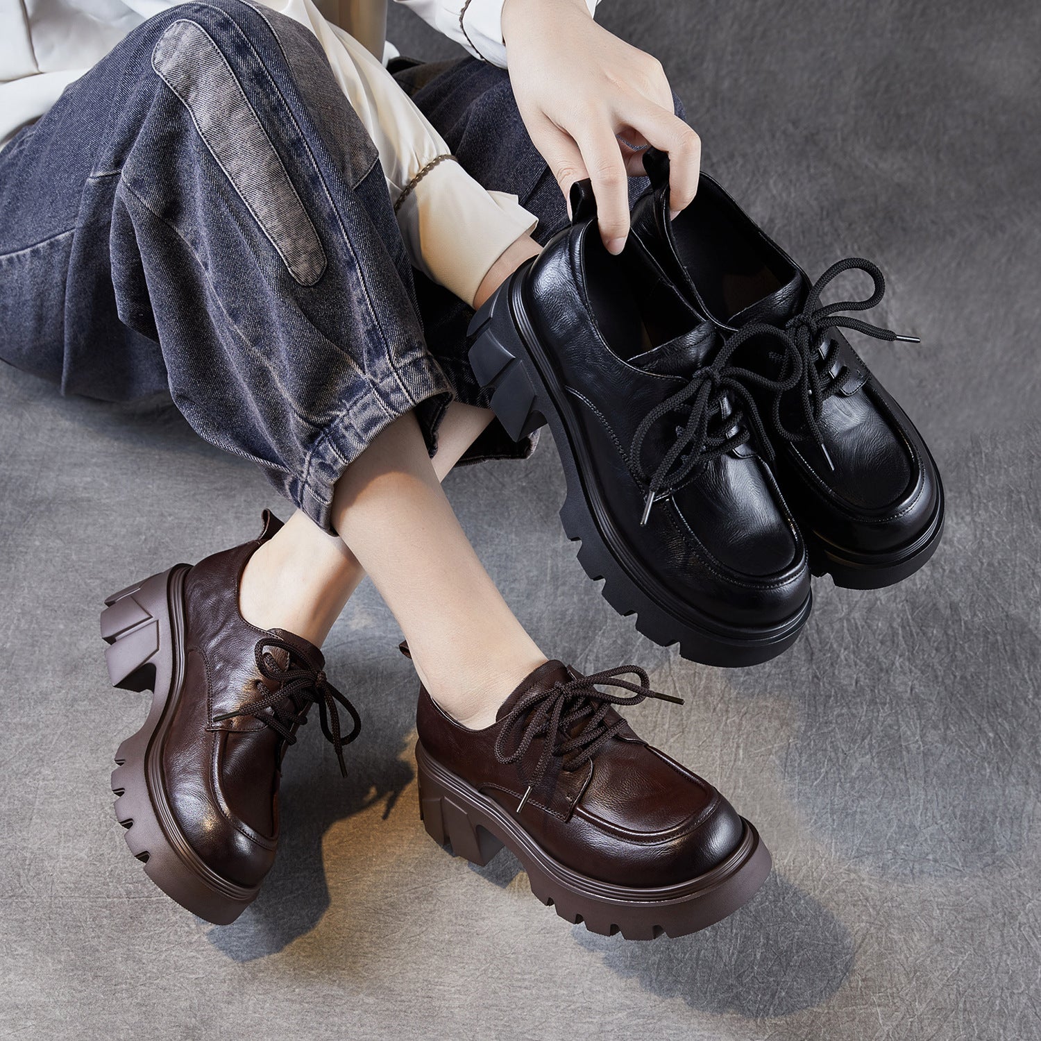 Women's Vintage Leather Chunky Heel Loafers-RAIIFY