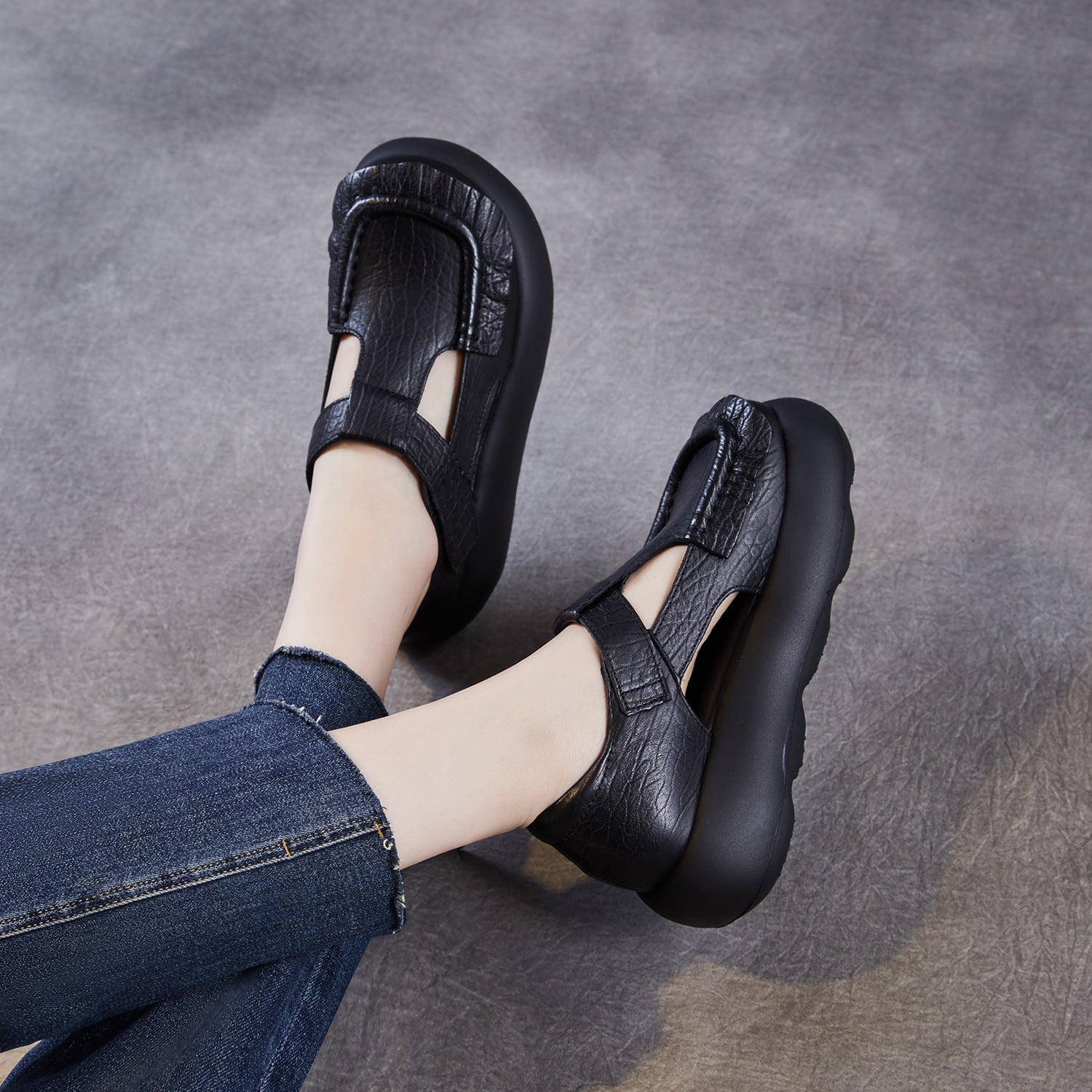 Women's Genuine Leather Retro Hollow Out Platform Sandals-RAIIFY