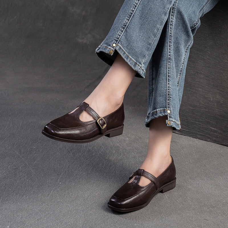 Women T-Strap Retro Leather Casual Loafers-RAIIFY