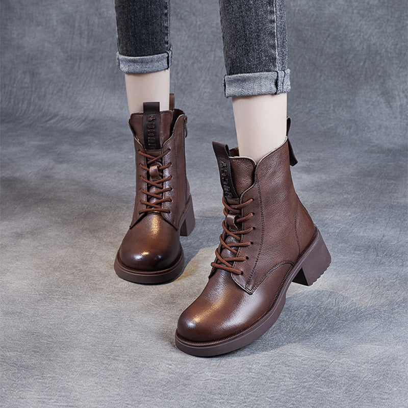 Women Vintage Soft Leather Low Block Boots-RAIIFY