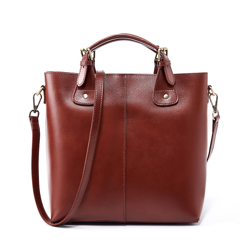 Women Retro Solid Leather Shoulder Tote Bag-RAIIFY