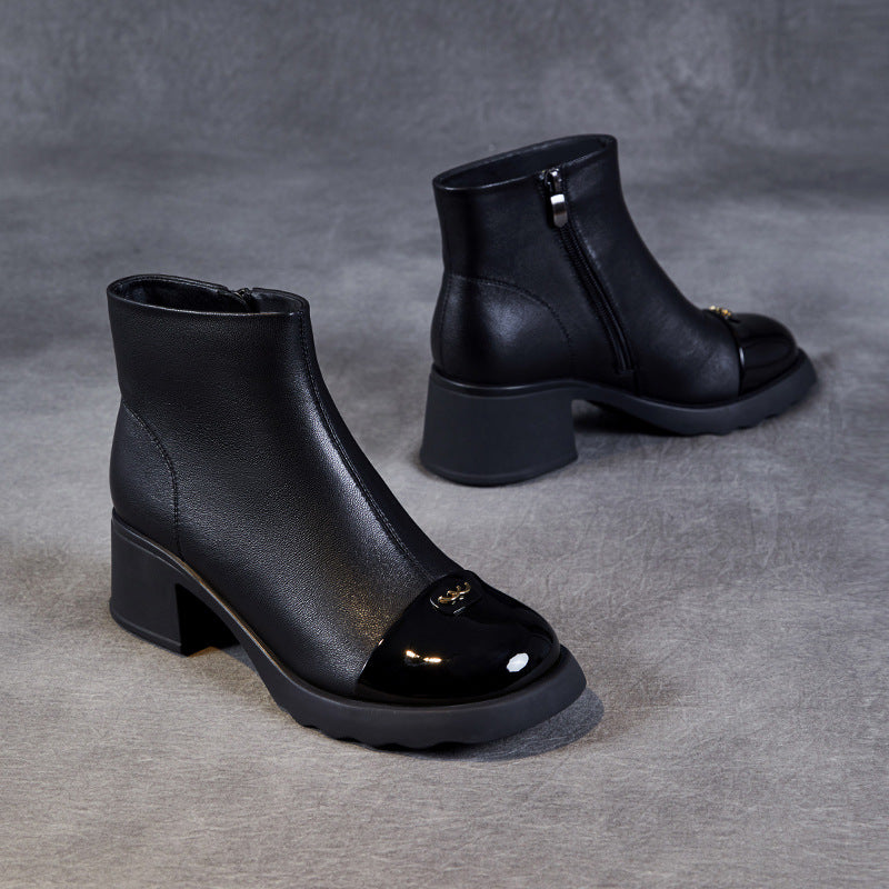 Women Minimalism Leahter Chunky Heel Ankle Boots-RAIIFY