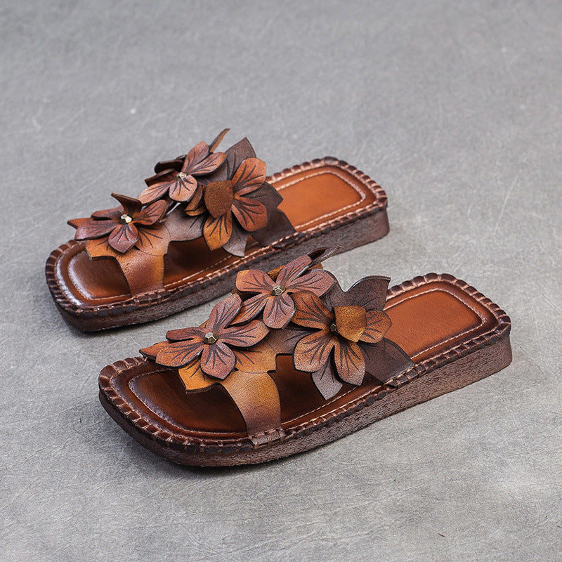 Women Retro Casual Flower Leather Flat Slides-RAIIFY