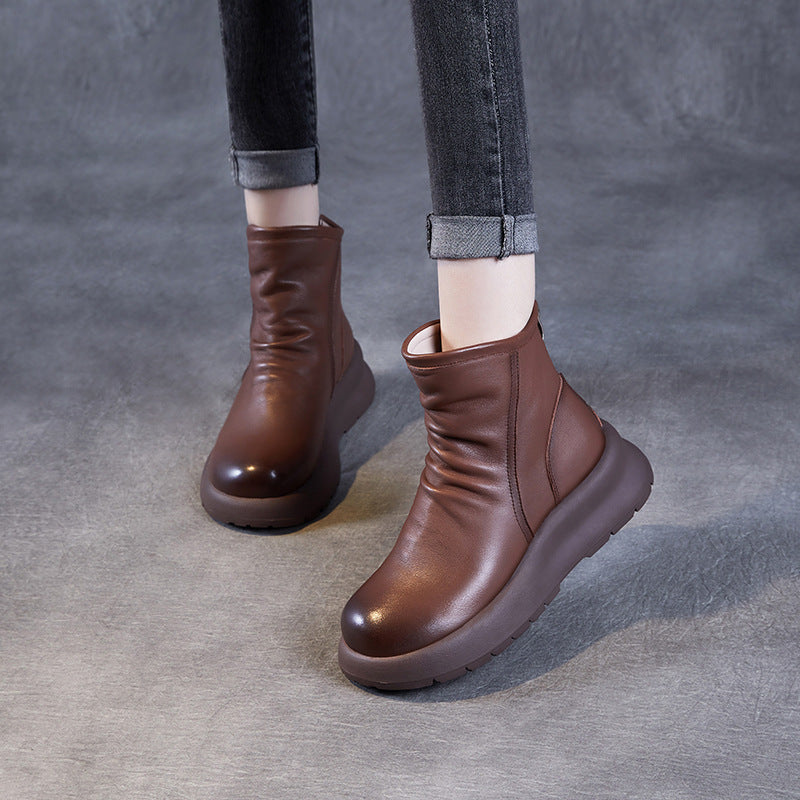 Women Retro Solid Leather Soft Casual Boots-RAIIFY