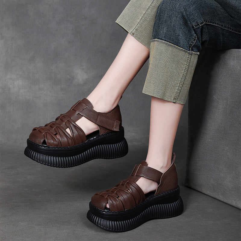 Women Retro Plaited Leather Platform Summer Sandals-RAIIFY