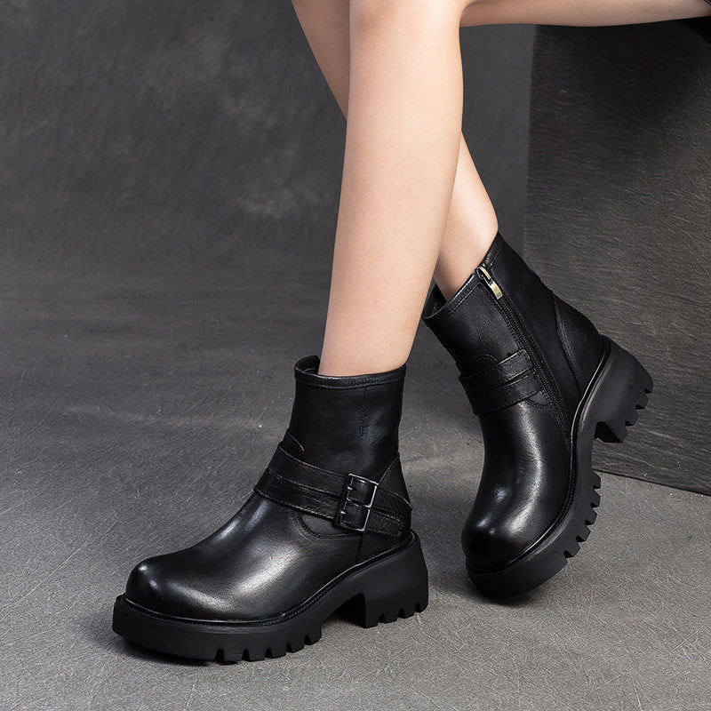 Women Vintage Leather Buckle Casual Platform Boots-RAIIFY