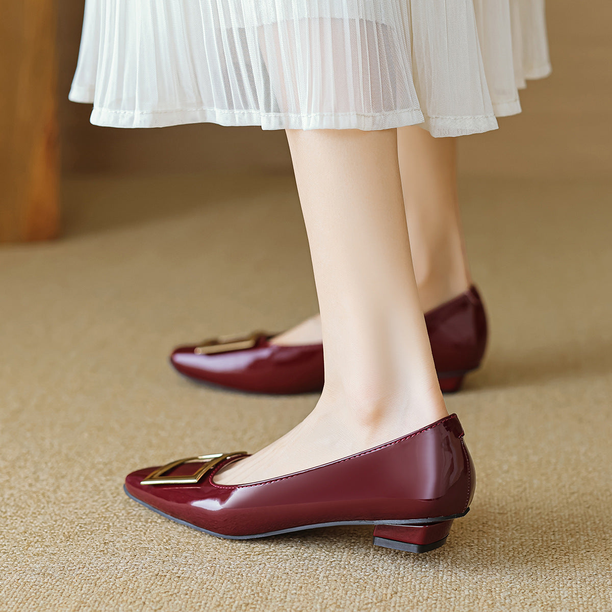 Women Fashion Glossy Leather Low Block Pumps-RAIIFY