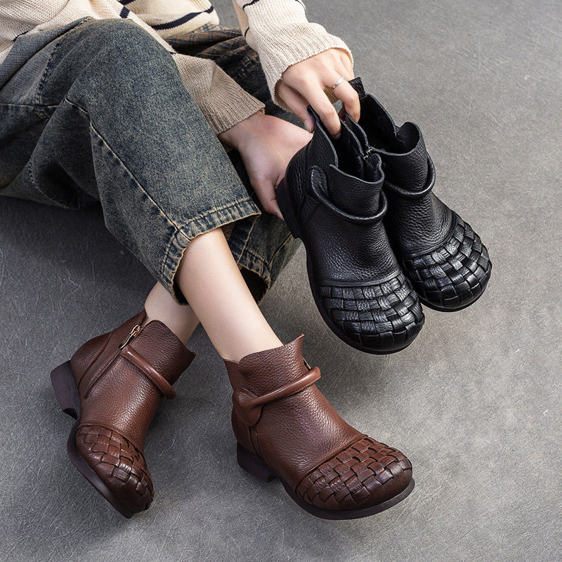 Women Retro Plaited Cowhide Soft Ankle Boots-RAIIFY