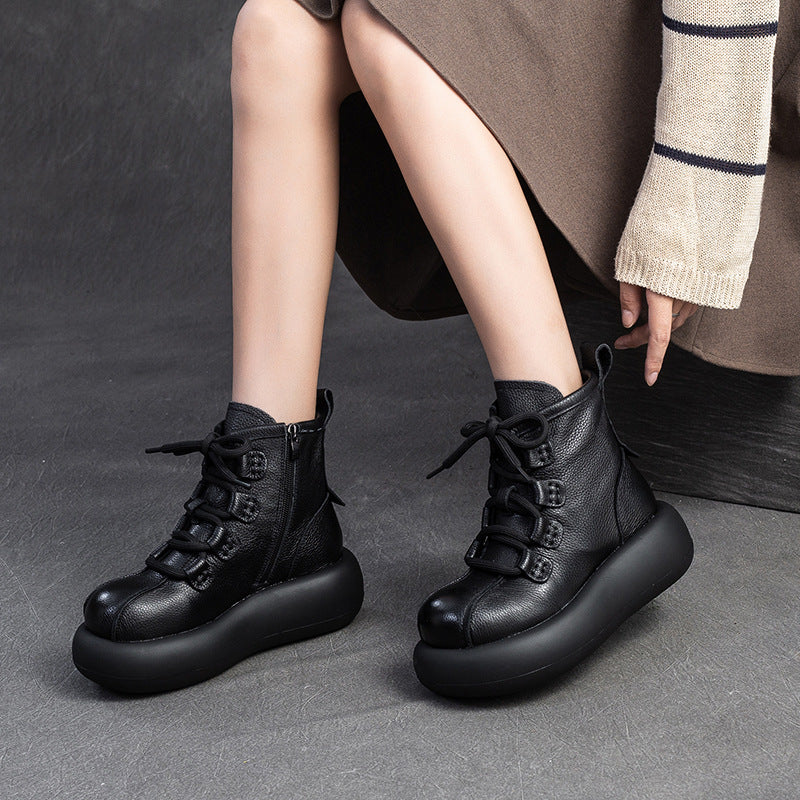 Women Retro Minimalism Leather Platform Boots-RAIIFY