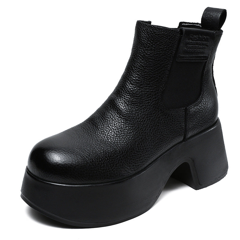 Women Vintage Solid Leather Minimalism Platform Boots-RAIIFY