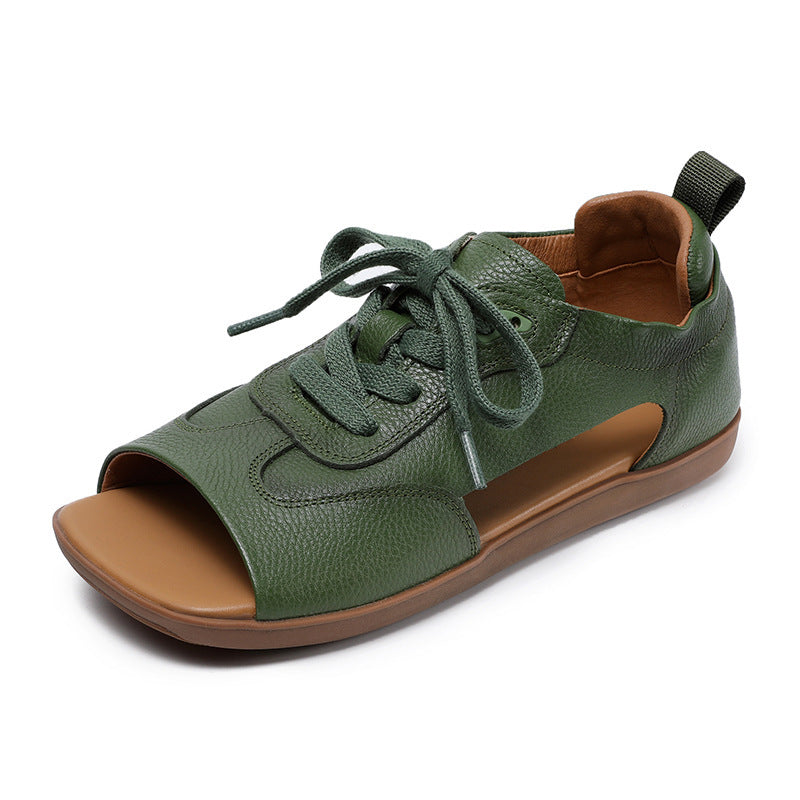 Women's Genuine Leather Retro Soft Sole Lace Up Sandals-RAIIFY