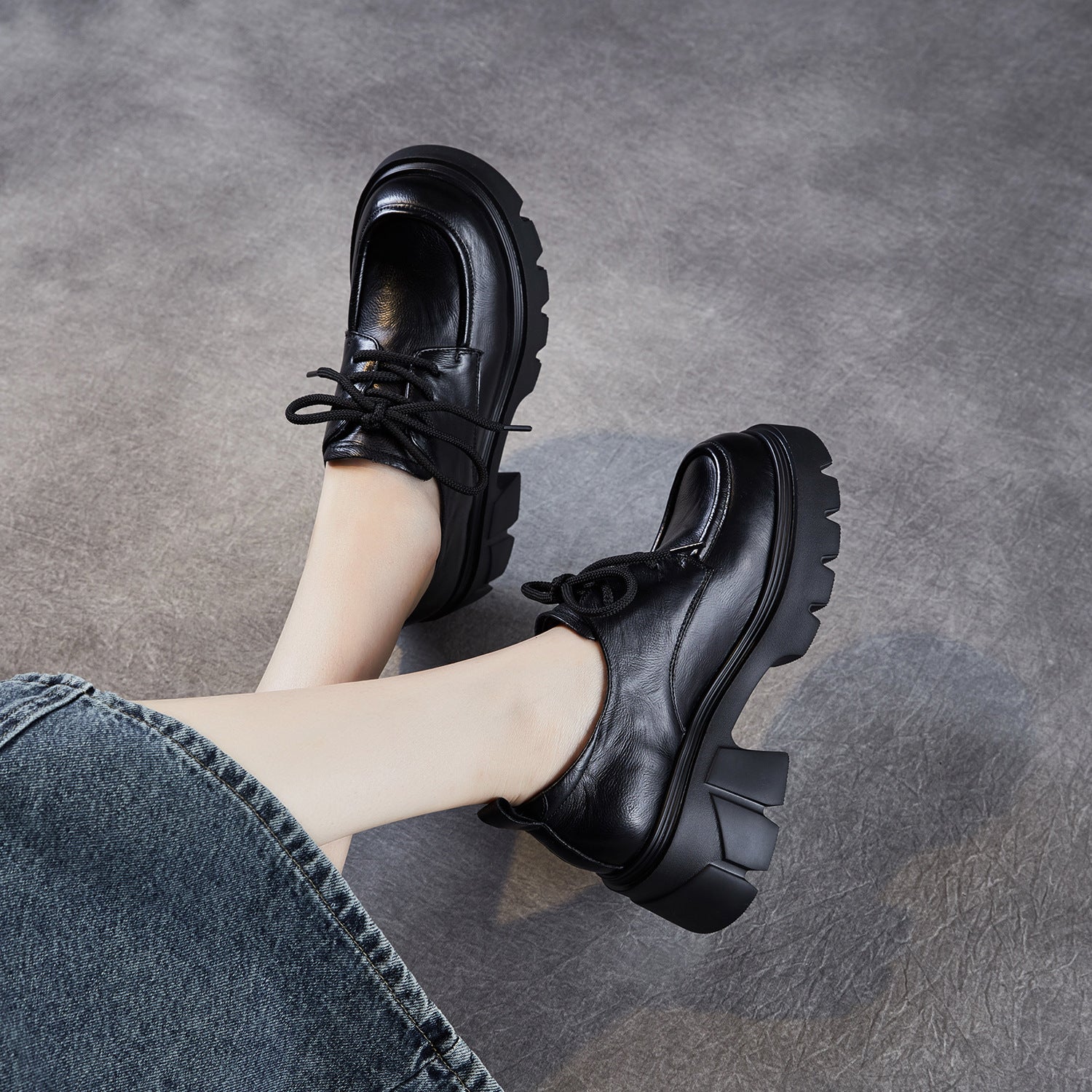 Women's Vintage Leather Chunky Heel Loafers-RAIIFY