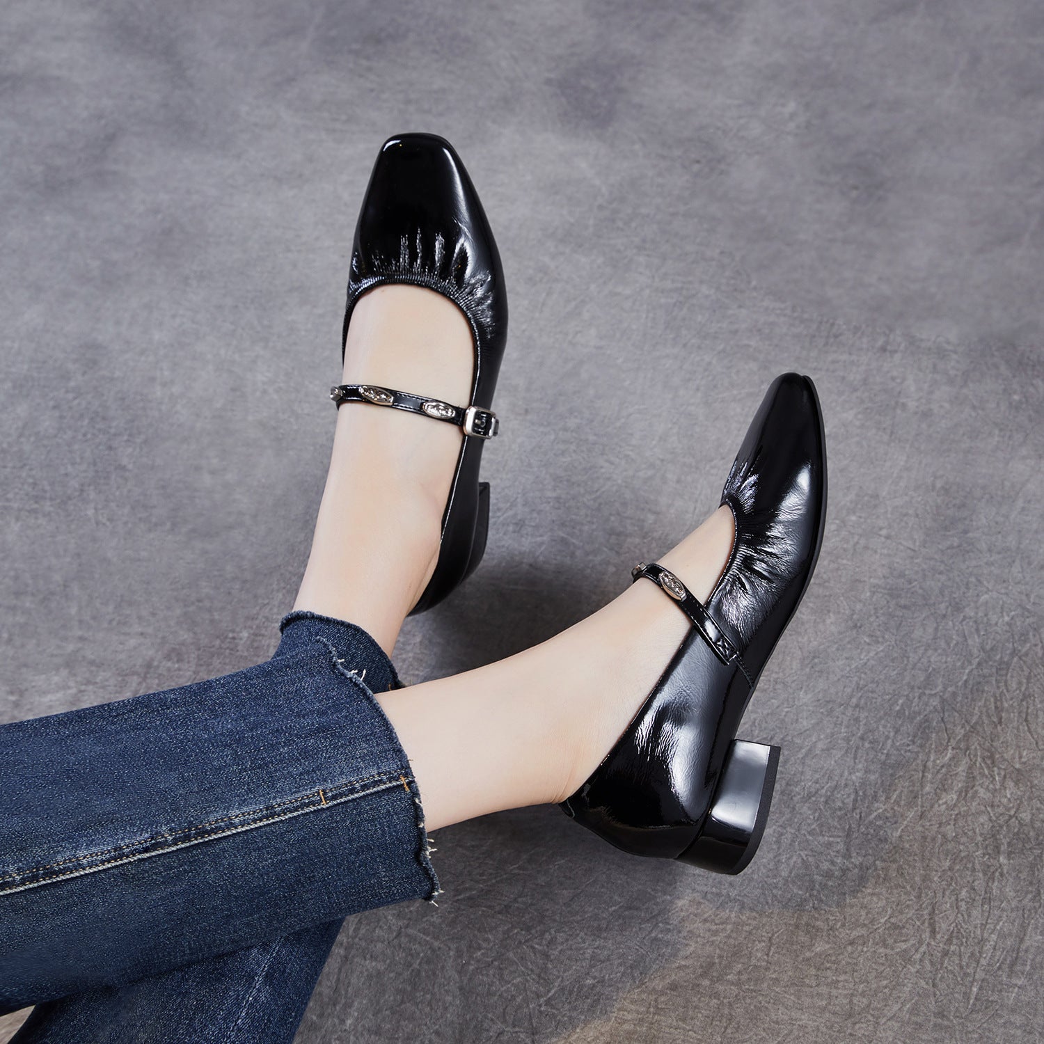 Women's Genuine Leather French Style Mary Jane Block Heel Pumps-RAIIFY