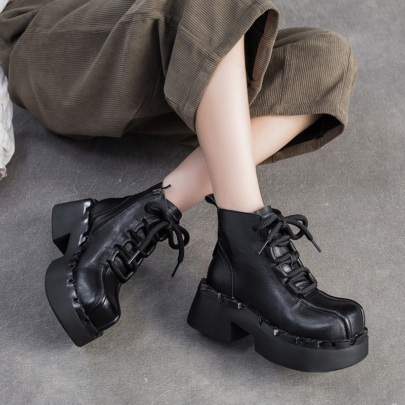 Women's Retro Leather Chunky Heel Boots-RAIIFY