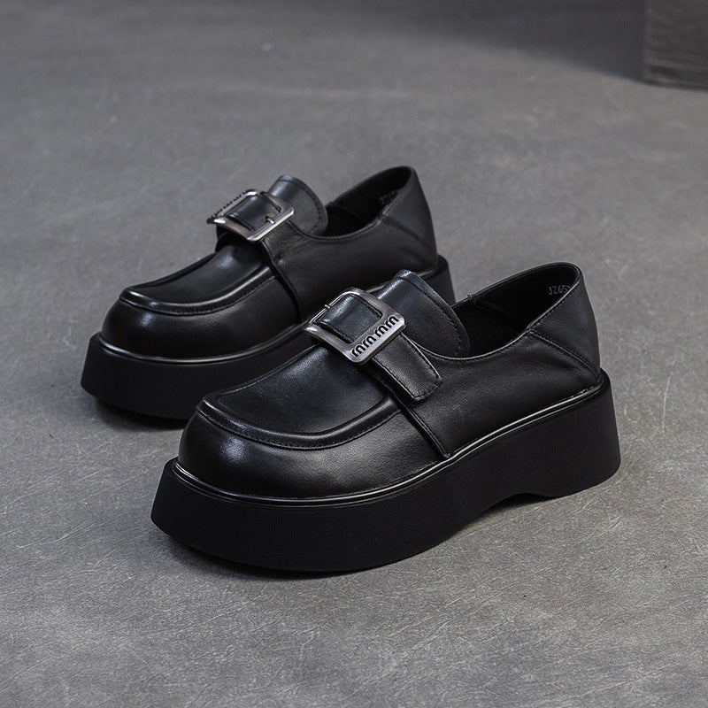 Women Minimalism Solid Leather Platform Casual Loafers-RAIIFY