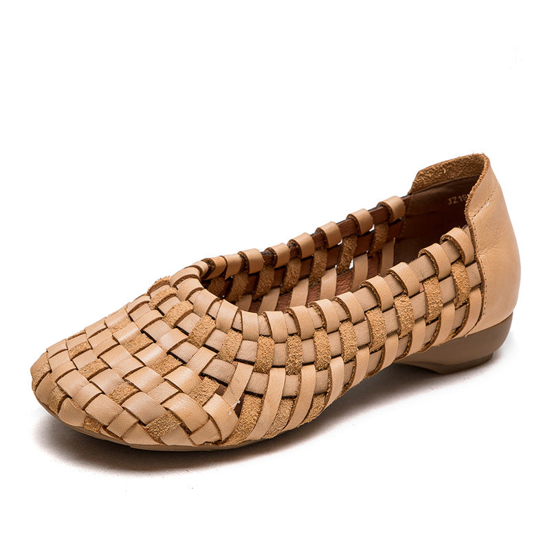 Women Handcraft Plaited Leather Soft Low Block Sandals-RAIIFY