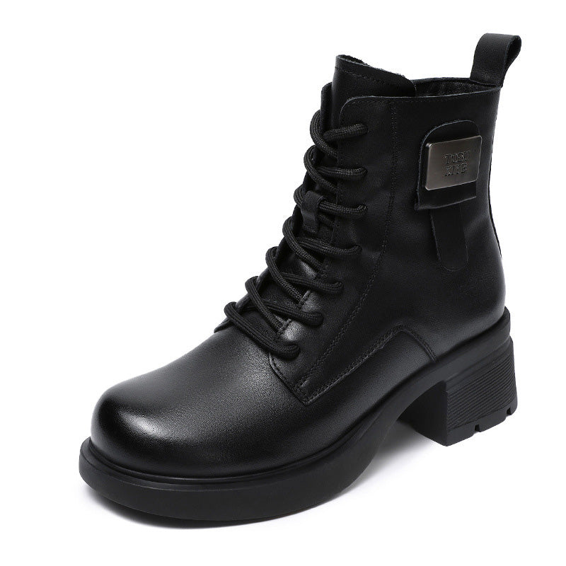 Women Retro Solid Leather Low Block Ankle Boots-RAIIFY